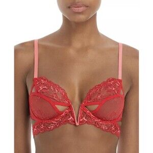 NEW Thistle & Spire Bra Womens 34F Red Coral Kane V-wire Cutout Lace Underwire